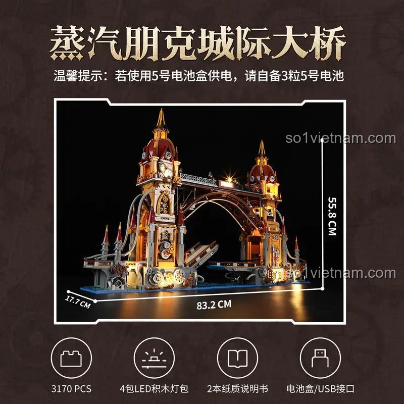 Kích thước mô hình Cầu Thành Phố Steampunk FunWhole F9047: 83.2x17.7x55.8 cm, bộ lắp ghép 3170 mảnh, có đèn LED, phù hợp người lớn 16 tuổi.