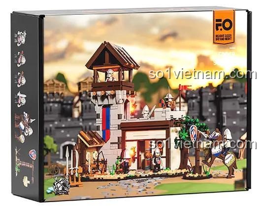 Hộp sản phẩm của bộ xếp hình F9048 Thao Trường Luyện Binh Trung Cổ từ FunWhole, thể hiện hình ảnh mô hình và các minifigure hiệp sĩ.
