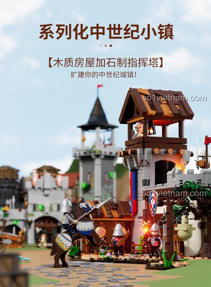 Gợi ý mở rộng thị trấn trung cổ với bộ lắp ghép Pháo đài luyện binh thời trung cổ, kết hợp nhà gỗ và tháp đá.