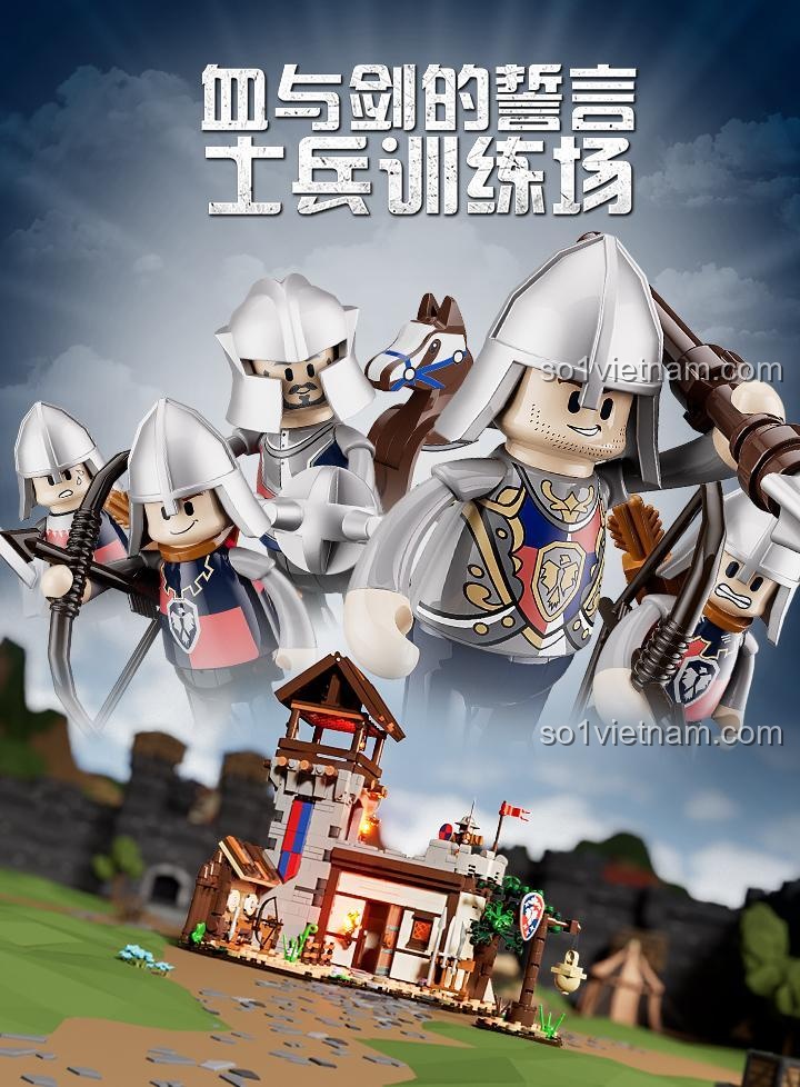 Poster quảng cáo bộ lắp ghép Sân tập của lính trung cổ FunWhole, với hình ảnh các minifigure hiệp sĩ dũng mãnh.
