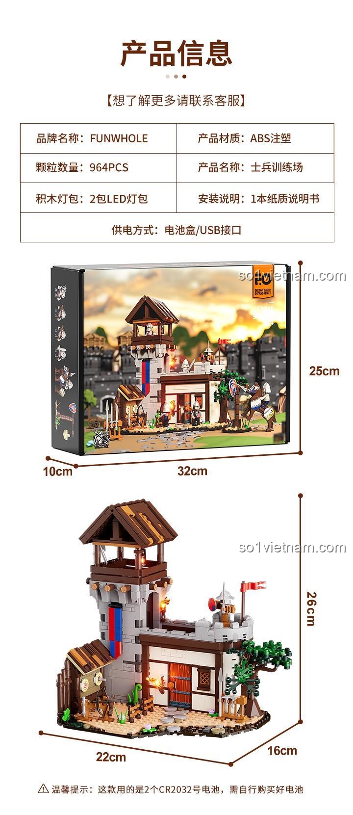 Thông số kỹ thuật chi tiết của sản phẩm FunWhole F9048, bao gồm kích thước mô hình và kích thước hộp.