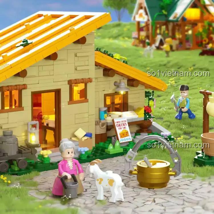 Toàn cảnh bộ lắp ghép Ngôi nhà làm phô mai F9049 với các nhân vật và phụ kiện, tái hiện một khung cảnh nông trại sống động và yên bình, phù hợp cho cả con trai và con gái.