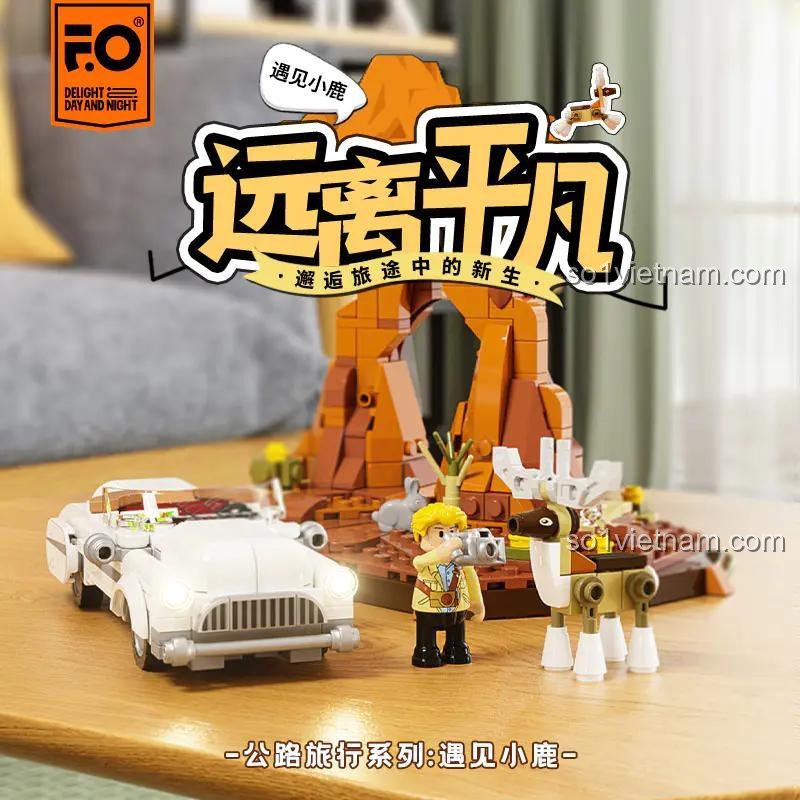 đồ chơi mô hình FunWhole F9053, cảnh quan hươu và xe mui trần có đèn LED, bộ lắp ghép Deer Crossing cho thanh niên 16 tuổi, giá tiết kiệm