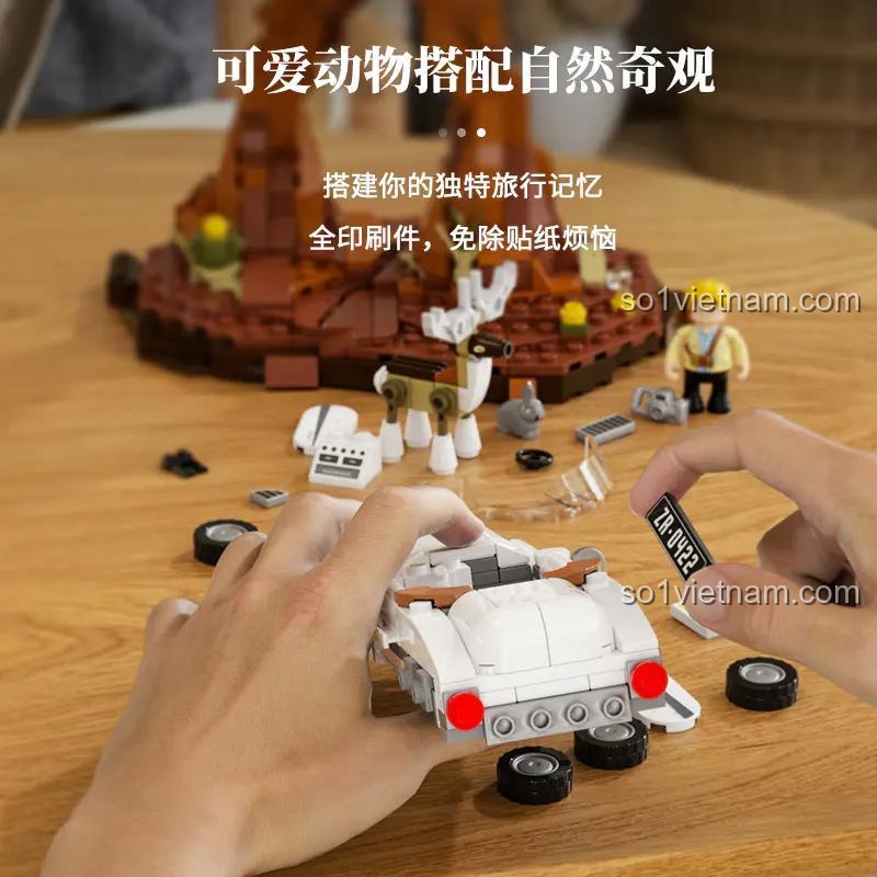 bộ xếp hình F9053, chi tiết in sẵn của xe mui trần và hươu, đồ chơi lắp ráp Cảnh hươu trên đường cho thanh niên 16 tuổi, chất lượng cao
