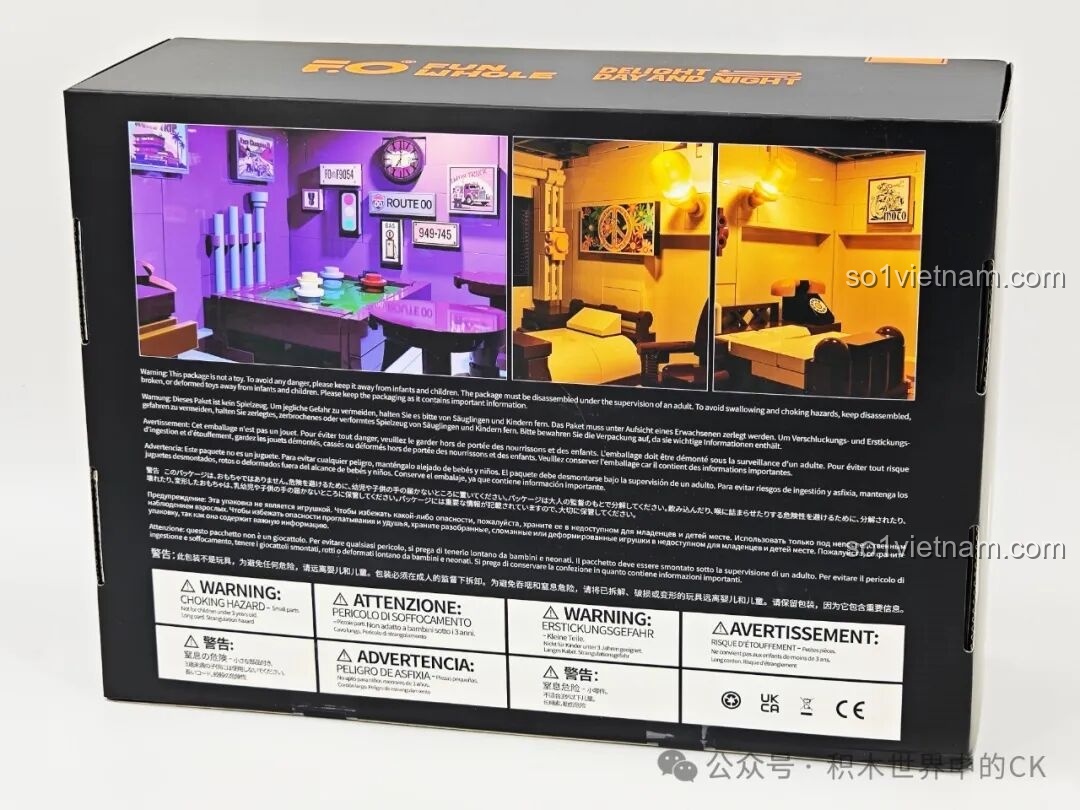 Mặt sau hộp đồ chơi lắp ráp Funwhole F9054 Nhà nghỉ ven đường, hiển thị các chi tiết nội thất