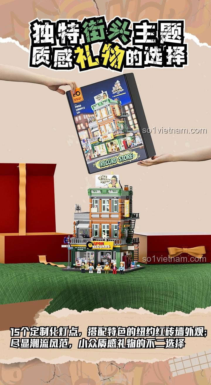 Chi tiết đèn LED của mô hình Funwhole F9058 Cửa hàng Đĩa Nhạc Phong Cách Mỹ