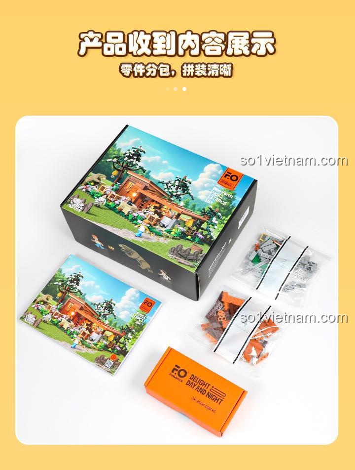 Kích thước mô hình bộ lắp ghép FUNWHOLE F9062 Trang trại Ong 1274 mảnh, đồ chơi xây dựng mô hình nông trại có đèn LED, phù hợp cho người chơi 16 tuổi trở lên