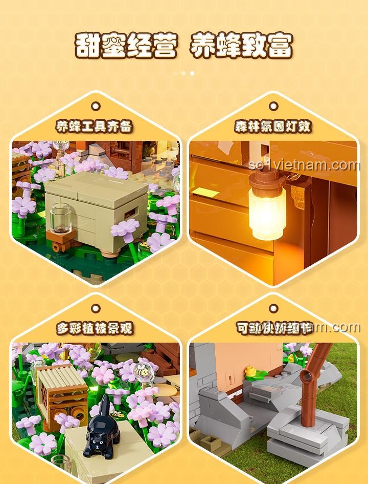 Chi tiết mô hình bộ lắp ghép FUNWHOLE F9062 Trang trại Ong 1274 mảnh, đồ chơi xây dựng mô hình nông trại có đèn LED, phù hợp cho người chơi 16 tuổi trở lên