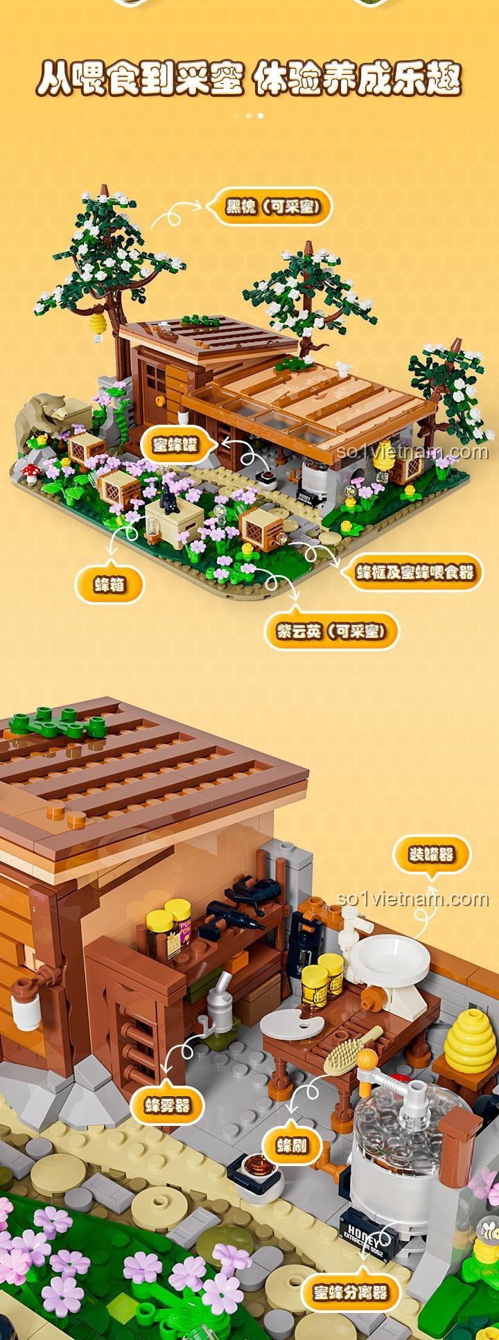 Chi tiết mô hình bộ lắp ghép FUNWHOLE F9062 Trang trại Ong 1274 mảnh, đồ chơi xây dựng mô hình nông trại có đèn LED, phù hợp cho người chơi 16 tuổi trở lên