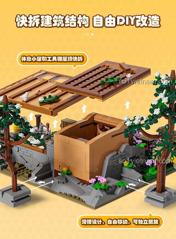 Chi tiết mô hình bộ lắp ghép FUNWHOLE F9062 Trang trại Ong 1274 mảnh, đồ chơi xây dựng mô hình nông trại có đèn LED, phù hợp cho người chơi 16 tuổi trở lên