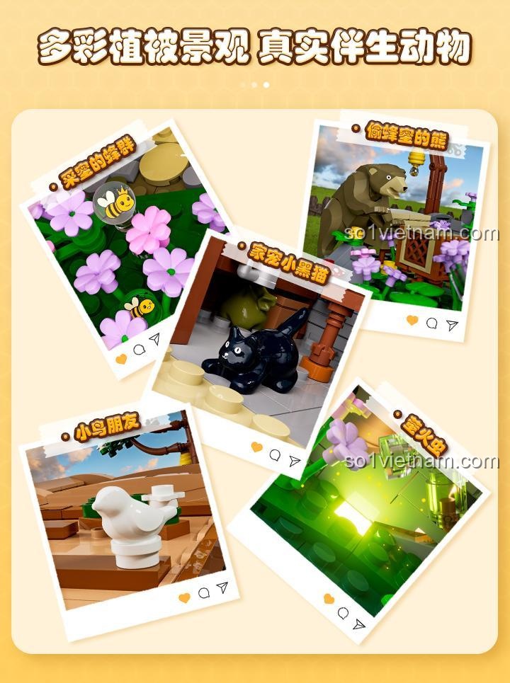 Chi tiết mô hình bộ lắp ghép FUNWHOLE F9062 Trang trại Ong 1274 mảnh, đồ chơi xây dựng mô hình nông trại có đèn LED, phù hợp cho người chơi 16 tuổi trở lên