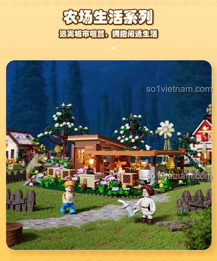 Chi tiết mô hình bộ lắp ghép FUNWHOLE F9062 Trang trại Ong 1274 mảnh, đồ chơi xây dựng mô hình nông trại có đèn LED, phù hợp cho người chơi 16 tuổi trở lên