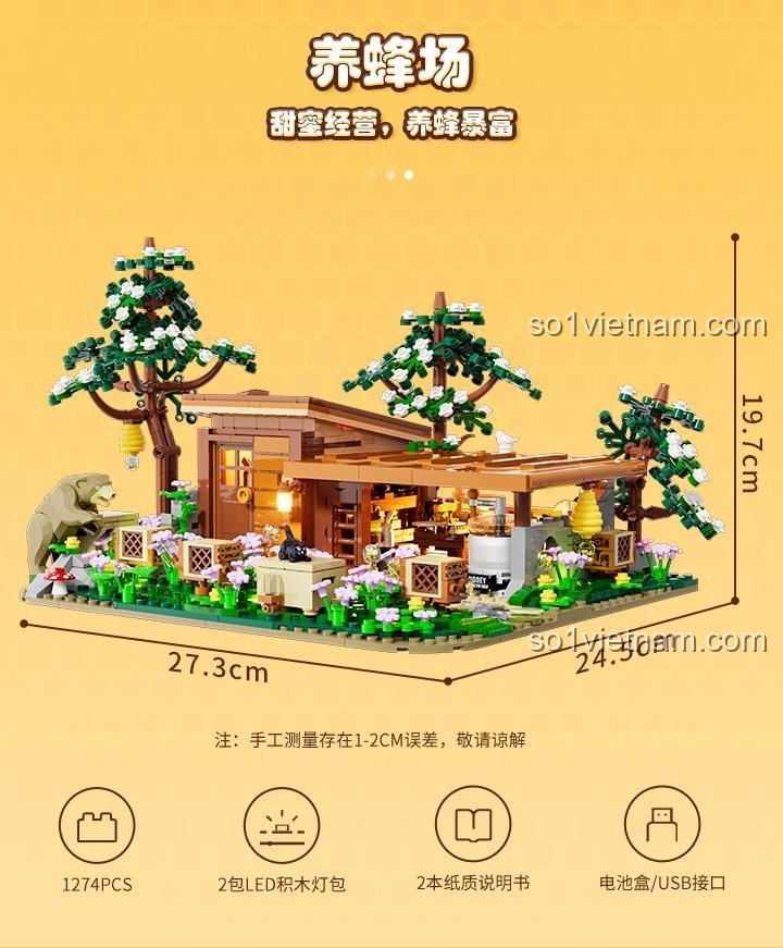 Chi tiết mô hình bộ lắp ghép FUNWHOLE F9062 Trang trại Ong 1274 mảnh, đồ chơi xây dựng mô hình nông trại có đèn LED, phù hợp cho người chơi 16 tuổi trở lên