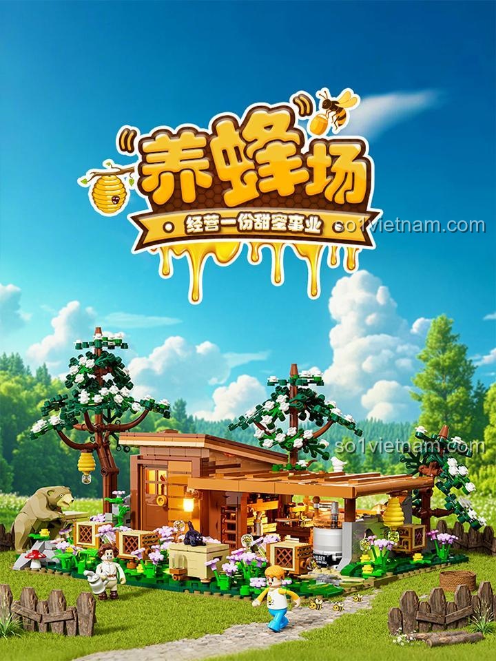 Mô hình bộ lắp ghép FUNWHOLE F9062 Trang trại Ong 1274 mảnh, đồ chơi xây dựng mô hình nông trại có đèn LED, phù hợp cho người chơi 16 tuổi trở lên