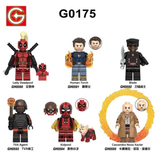 Bộ 6 minifigures Deadpool & Wolverine GH0594 của G牌, bao gồm Lady Deadpool, Human Torch, Blade, TVA Agent, Kidpool và Cassandra Nova Xavier, đồ chơi lắp ghép cho bé trai 6 tuổi