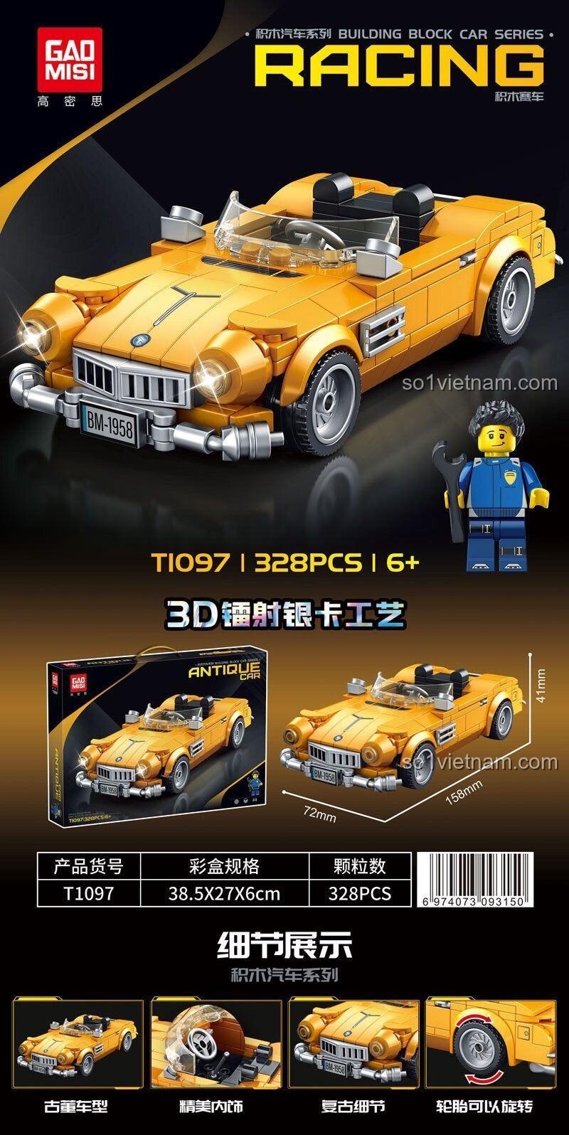 Chi tiết xe mui trần cổ điển GAOMISI T1097, 328 Mảnh, màu vàng, 6+ tuổi, 3D công nghệ khắc bạc, kích thước 15.8x7.2x4.1cm, hộp 38.5x27x6cm