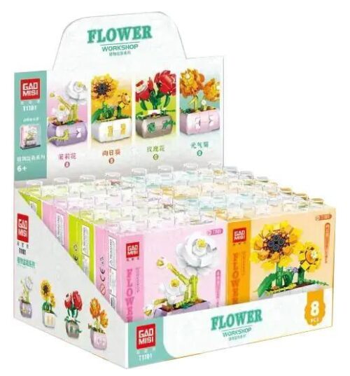 Hộp trưng bày bộ lắp ghép Vườn hoa mini Gaomisi T1101, gồm 4 mẫu chậu hoa xinh xắn, đồ chơi cho bé gái 6 tuổi giá rẻ.