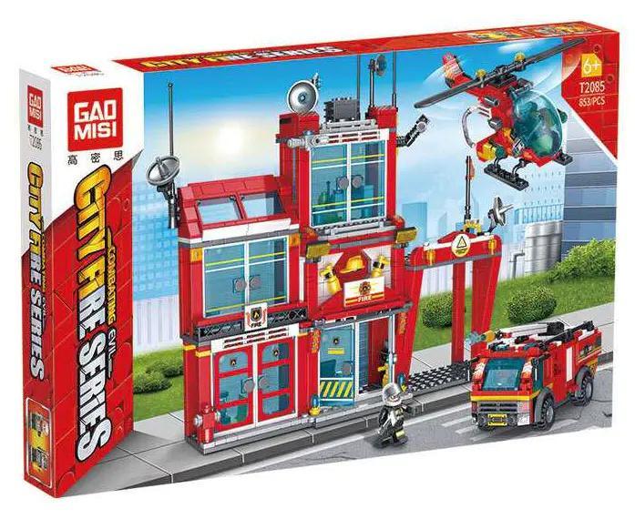 Bộ lắp ghép GAOMISI T2085 Trạm Cứu Hỏa Thành Phố giá tốt, hộp sản phẩm có xe cứu hỏa và trực thăng, phù hợp bé trai 6 tuổi.