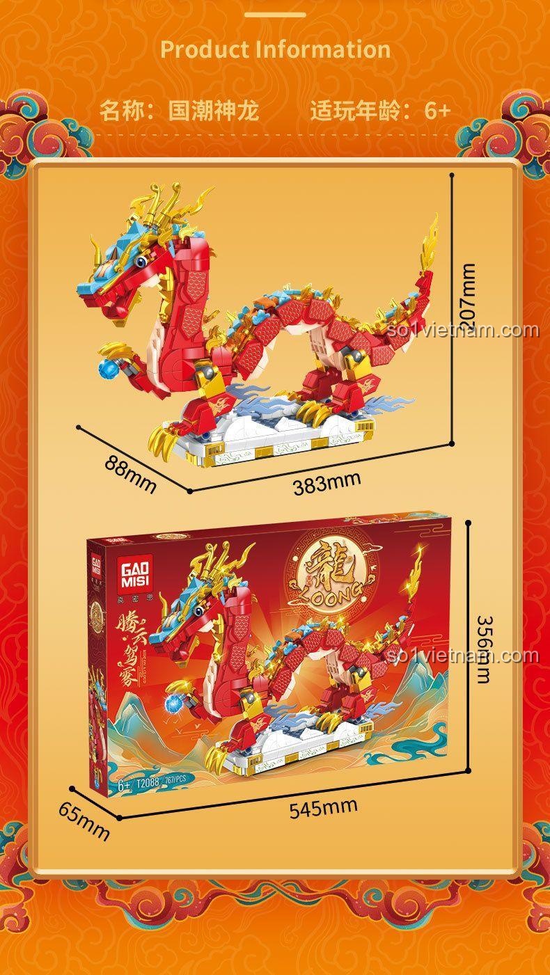 Kích thước chi tiết của đồ chơi lắp ráp Rồng Thần Quốc Triều T2088, mô hình Rồng Thần Quốc Triều GAOMISI, 767 mảnh ghép.