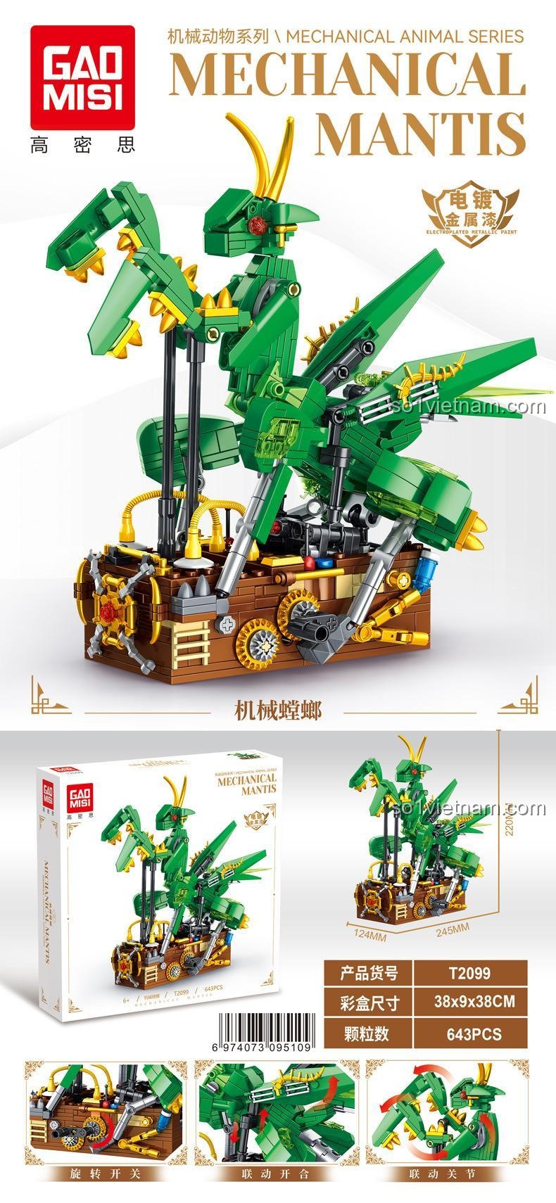 Thông số kỹ thuật và kích thước của bộ lắp ghép Robot Bọ Ngựa T2099, bao gồm kích thước hộp, số chi tiết và các tính năng chuyển động.