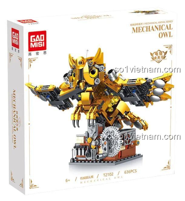 Hình ảnh hộp sản phẩm đồ chơi mô hình GAOMISI T2102, thể hiện rõ mô hình Cú Máy Steampunk và thông tin 636 chi tiết. Một lựa chọn giá tốt.