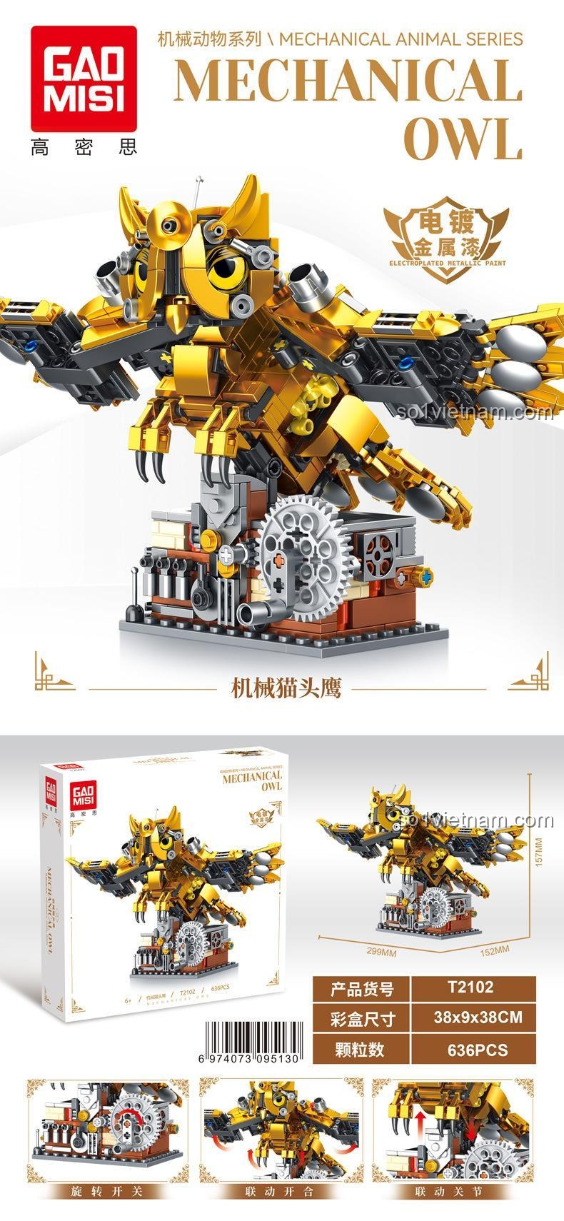 Thông số kỹ thuật và kích thước của bộ lắp ráp Cú Máy Vàng Gold, bao gồm kích thước mô hình 29.9cm và kích thước hộp.