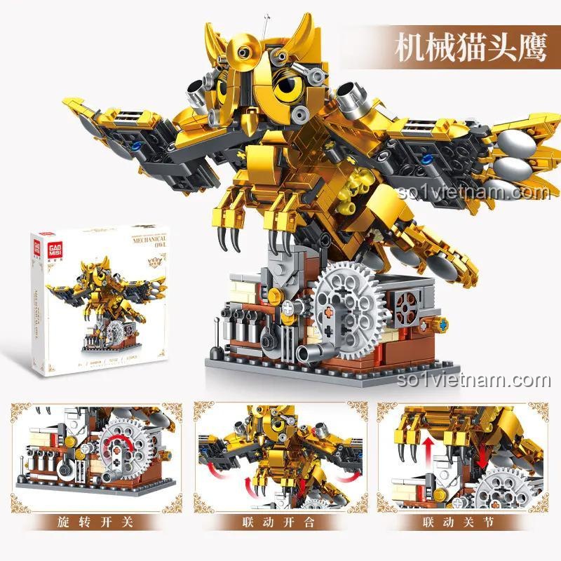 Mô tả các tính năng chuyển động của Chim Cú Cơ Khí T2102, bao gồm cơ chế xoay, cánh và móng vuốt có thể cử động.