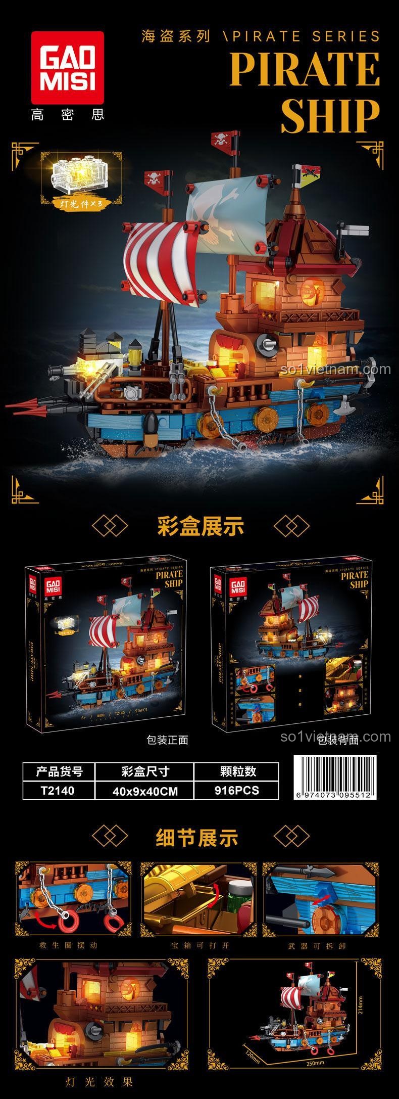 Chi tiết hộp và kích thước mô hình Tàu Cướp Biển GAOMISI T2140, bộ lắp ghép 916 mảnh, đồ chơi lắp ráp mô hình thuyền hải tặc có đèn LED, phù hợp bé trai 6 tuổi.