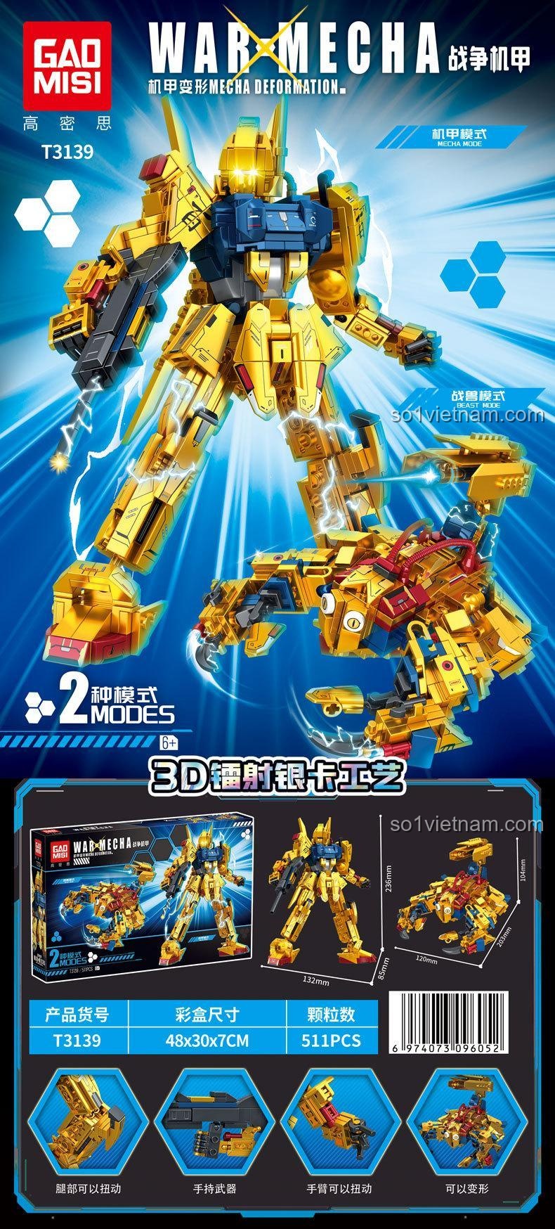 Mô hình Robot Chiến Đấu GAOMISI T3139 với 2 chế độ biến hình, khớp linh hoạt, 511 mảnh ghép, đồ chơi lắp ráp cho bé trai 6 tuổi phát triển tư duy.