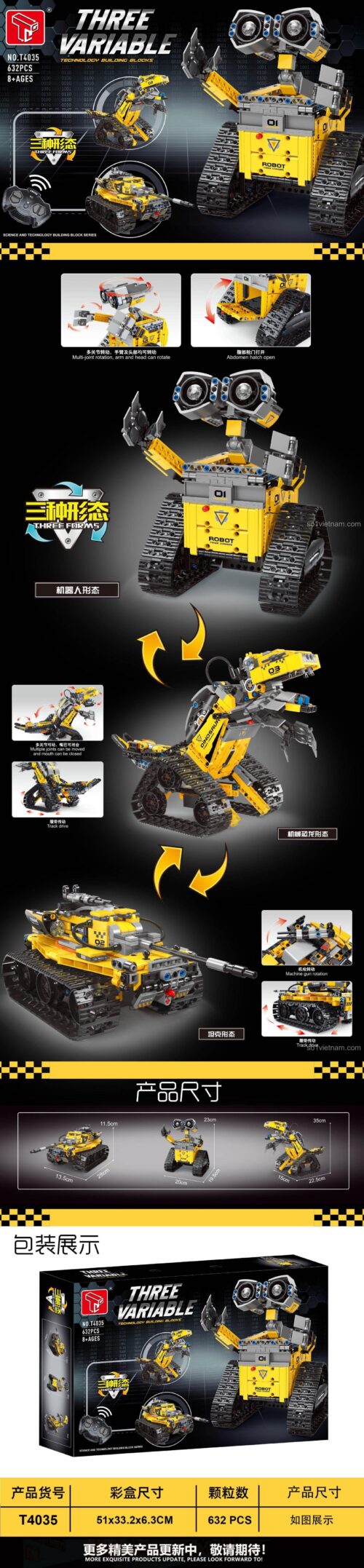 Robot Biến Hình 3 Kiểu GAOMISI T4035, Robot Vàng Điều Khiển Từ Xa, Bộ Lắp Ghép Technic 632 Mảnh, Đồ Chơi Giáo Dục STEM cho Bé 8+ Tuổi