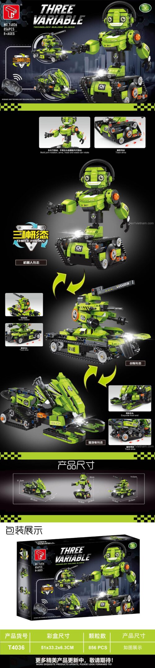Mô hình Robot Biến Hình 3 Kiểu GAOMISI T4036 dạng Robot, bộ lắp ráp công nghệ cao, 856 mảnh, điều khiển từ xa, có đèn LED, phù hợp cho bé trai 8 tuổi