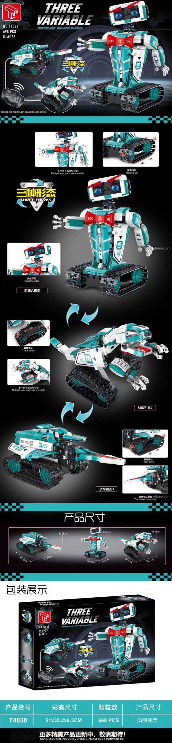 Chi tiết bộ lắp ghép GAOMISI T4038 Robot Biến Hình, các bộ phận có thể tháo rời, bánh xích chuyển động