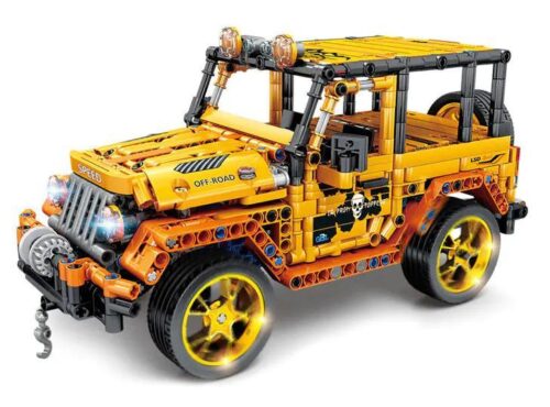 Ảnh chi tiết bộ lắp ghép Xe Jeep Wrangler Địa Hình GBL KY1049 với 866 mảnh ghép, màu vàng cam nổi bật, phù hợp cho con trai 6 tuổi, giá rẻ.