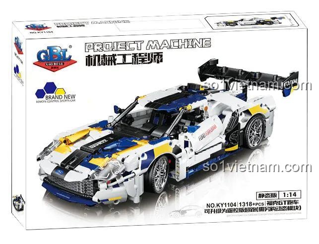 Hộp sản phẩm bộ lắp ghép xe Ford GT Siêu xe tốc độ GBL KY1104, có hình ảnh xe, thông số kỹ thuật, phù hợp cho bé 8 tuổi