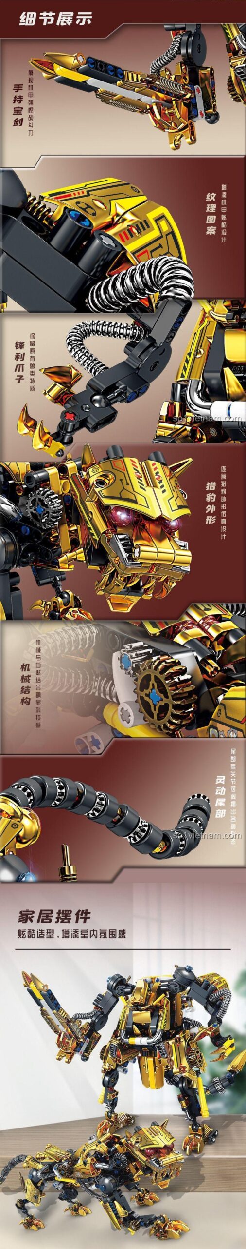 Chi tiết mô hình Robot Báo Săn Vibranium Tốc Độ GBL KY1113, thể hiện các khớp nối linh hoạt và thiết kế tinh xảo, đồ chơi xây dựng cho bé trai.