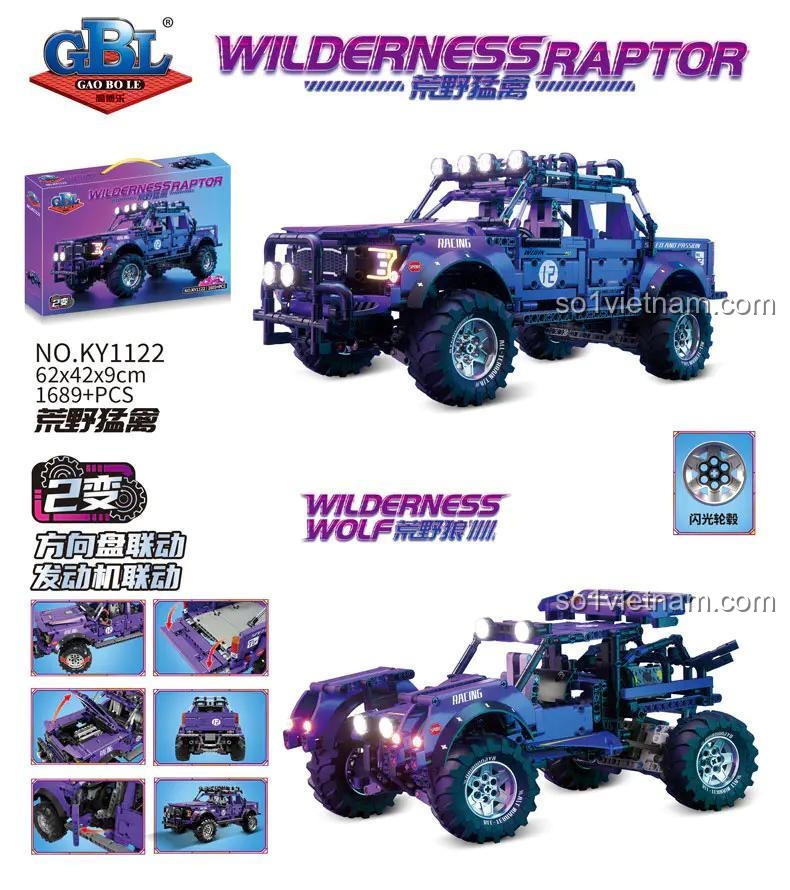 Hộp Xe Bán Tải Off-road GBL KY1122 hiển thị tính năng 2 kiểu lắp và bánh xe phát sáng, đồ chơi cho bé trai 6 tuổi, giá bình dân.