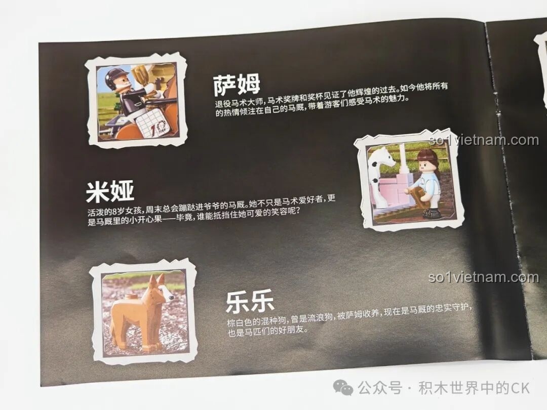 Trang giới thiệu cốt truyện và các nhân vật trong sách hướng dẫn của bộ lắp ráp FunWhole F9080 Chuồng Ngựa.