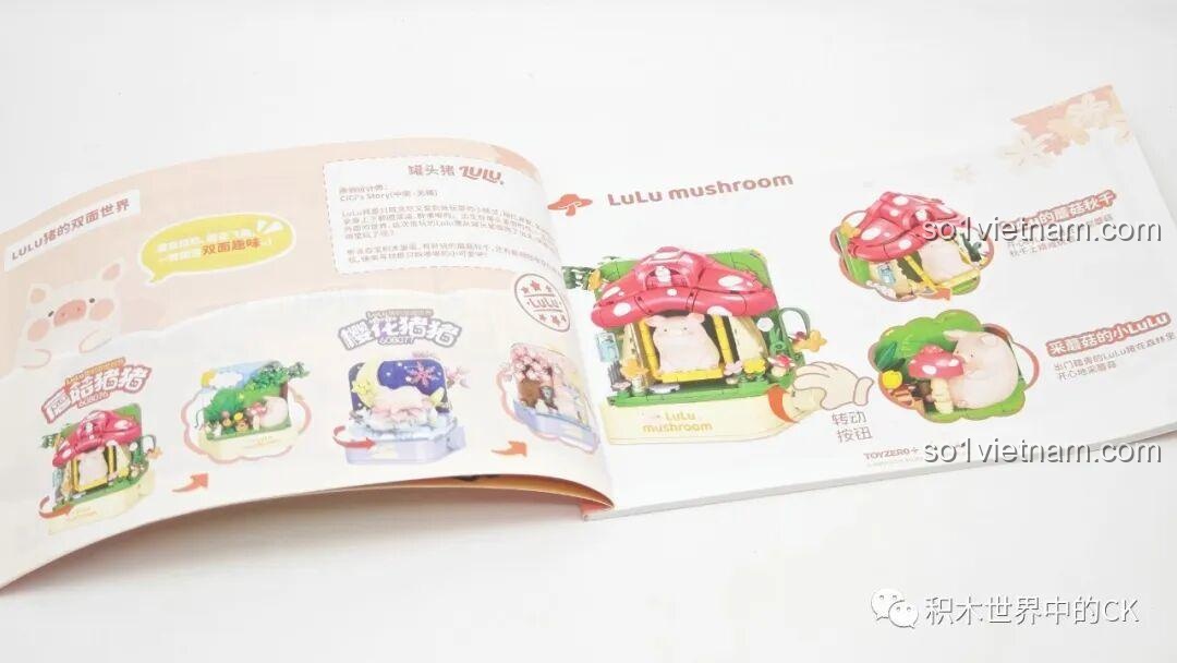 Trang giới thiệu tính năng xoay hai mặt độc đáo trong sách hướng dẫn của bộ đồ chơi trang trí Lợn LuLu.
