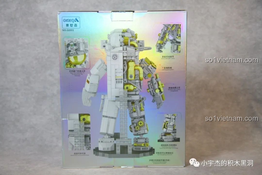 Mặt sau hộp GISEGA G8901 Phi Hành Gia Bán Cơ Khí giới thiệu các tính năng và chi tiết nổi bật của mô hình.