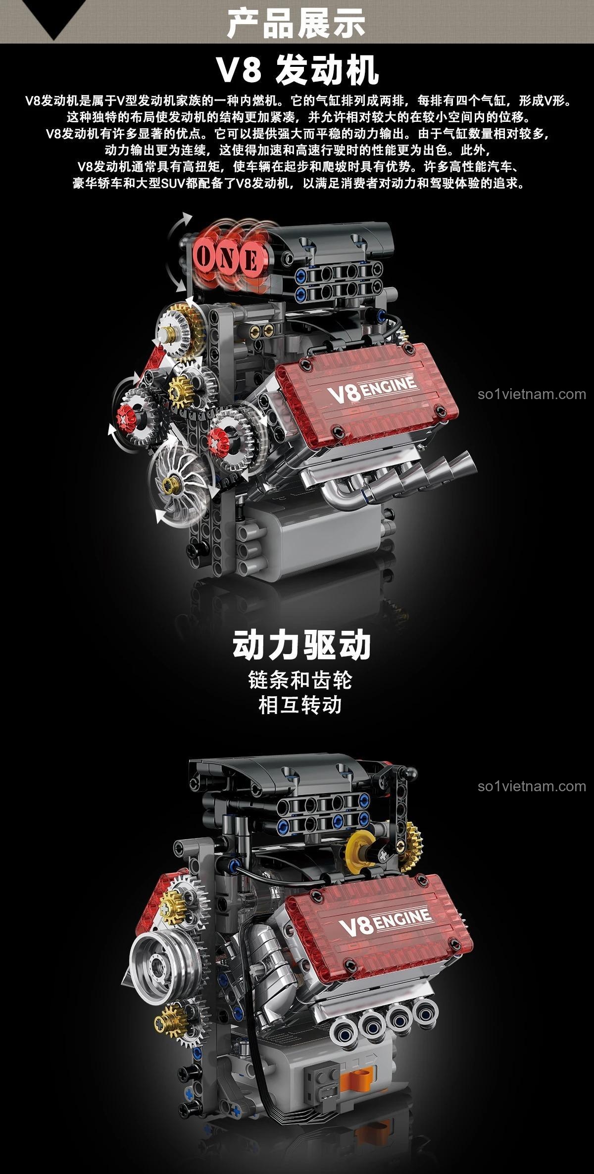 Động cơ V8 kỹ thuật GISEGA G8909, đồ chơi mô hình Mô hình Động cơ V8 cơ khí cho con trai 14 tuổi