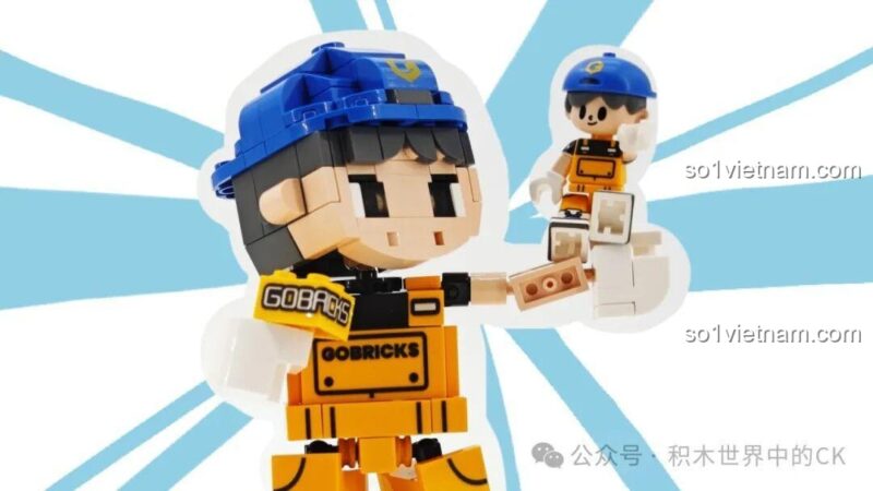 Gobricks G2411 Nhân vật lắp ghép màu vàng, đội mũ xanh, đứng cùng các nhân vật khác
