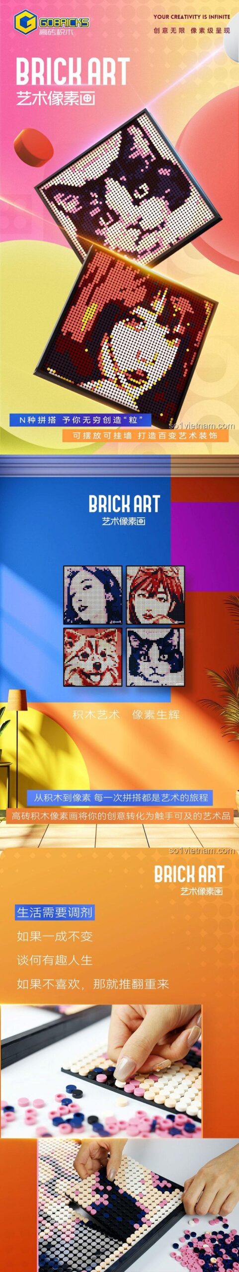 đồ chơi sáng tạo Gobricks GP02, Tranh xếp hình Pixel Art tùy biến, đồ chơi lắp ghép Tranh nghệ thuật Pixel, phát triển tư duy cho thanh niên 14 tuổi