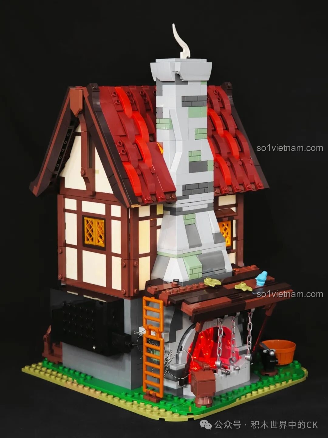 Góc nhìn chéo từ phía bên trái của mô hình Funwhole F9040, cho thấy sự kết hợp giữa đá, gỗ và mái ngói đỏ.