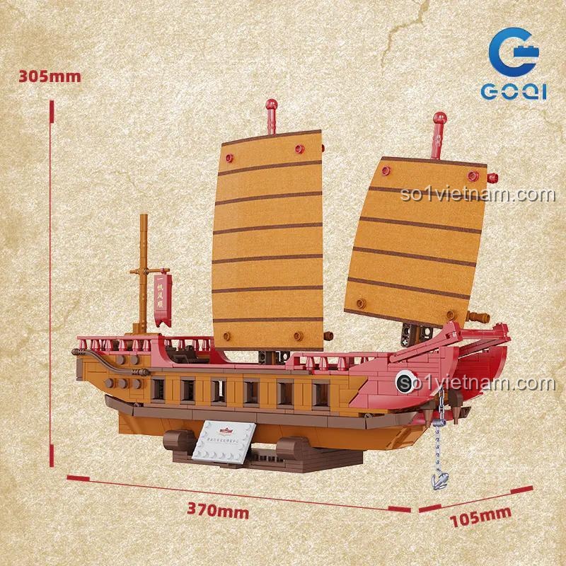 Kích thước mô hình Thuyền Đầu Đỏ GOQI GQ-3008: 37x10.5x30.5cm, bộ lắp ghép thuyền buồm Trung Hoa cho bé trai 6 tuổi