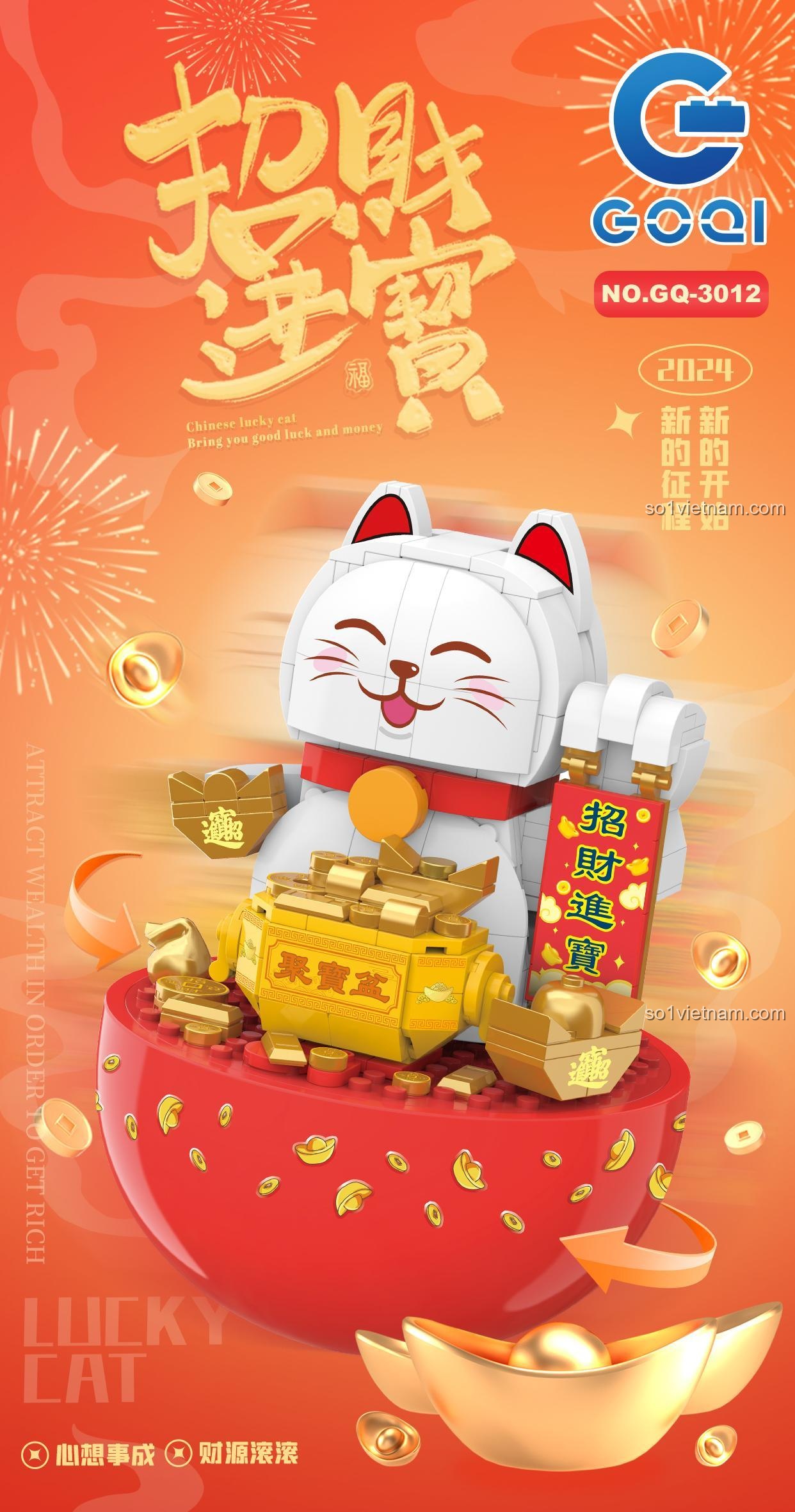 Maneki Neko 3012, bộ đồ chơi Mèo Chiêu Tài Tiến Bảo GOQI GQ-3012, mô hình trang trí Tết, độ tuổi 8, cả con trai và con gái, giá bình dân