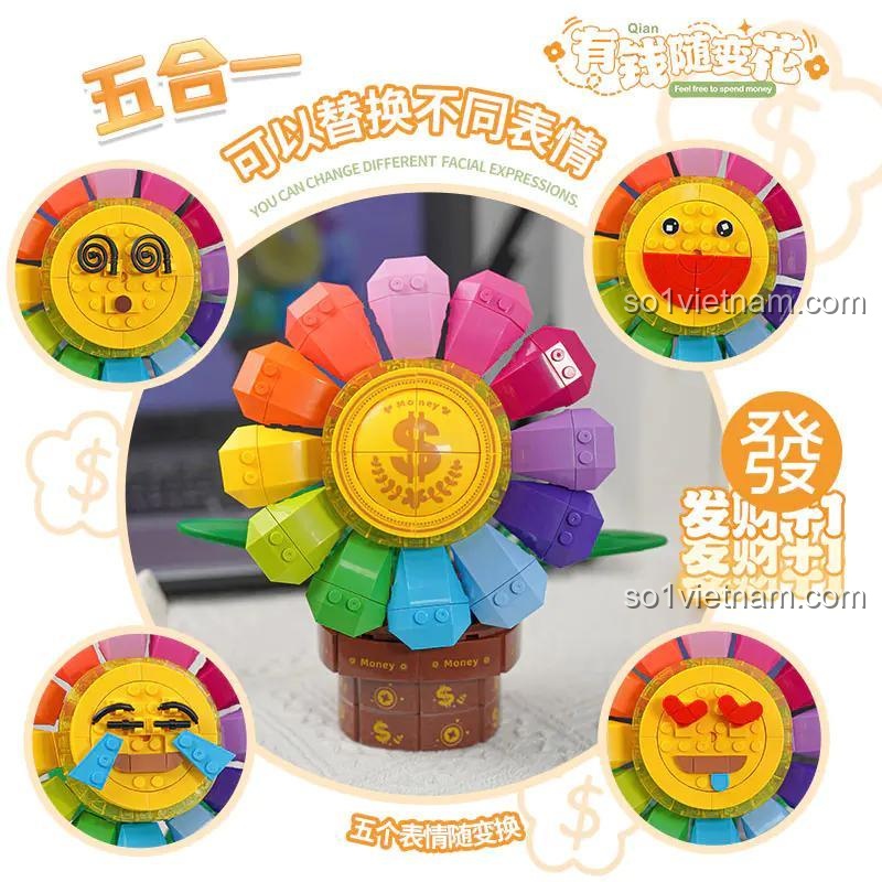 Các biểu cảm khuôn mặt có thể thay đổi của bộ lắp ghép GOQI GQ-3016 Hoa Tiền Tài May Mắn, đồ chơi xếp hình Mô hình Hoa Tiền Tài, phát triển tư duy cho bé gái 6 tuổi.