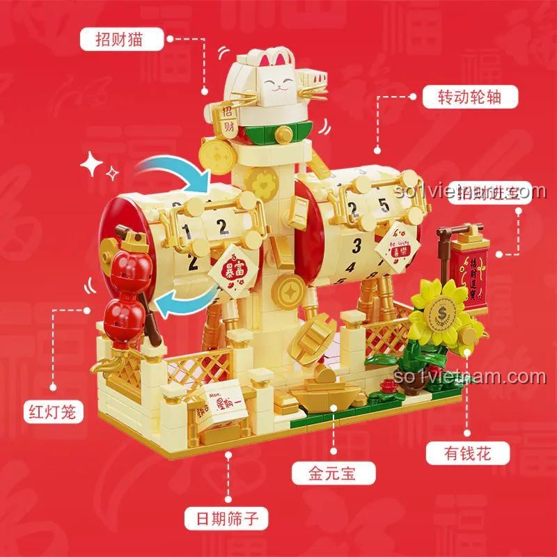 Sơ đồ cấu tạo chi tiết của đồ chơi xếp hình Lịch Vạn Niên Mèo Thần Tài GOQI GQ-3018, bao gồm Mèo Thần Tài, đèn lồng, vàng thỏi, phù hợp bé gái 6 tuổi