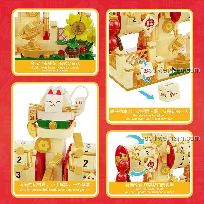 Chi tiết Mèo Thần Tài vẫy tay và các phụ kiện vàng thỏi, hoa tiền của đồ chơi lắp ghép Mèo Thần Tài GOQI GQ-3018, phù hợp bé gái 6 tuổi