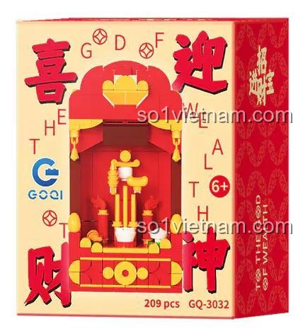 Hộp sản phẩm bộ lắp ghép Thần Tài May Mắn GOQI GQ-3032, đồ chơi xếp hình Bàn Thờ Thần Tài cho bé 6 tuổi, giá rẻ, chất lượng đảm bảo.
