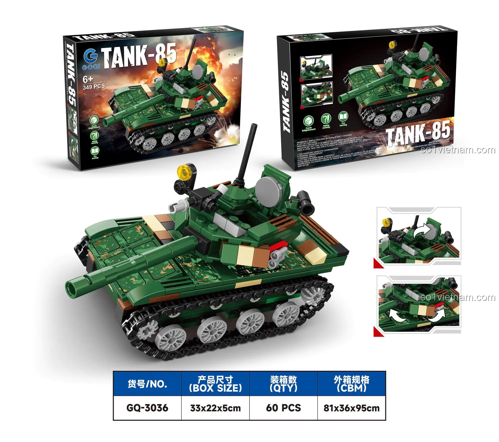 Hộp đựng bộ đồ chơi xe tăng T-85 GOQI GQ-3036, 349 mảnh, phù hợp cho bé trai 6 tuổi